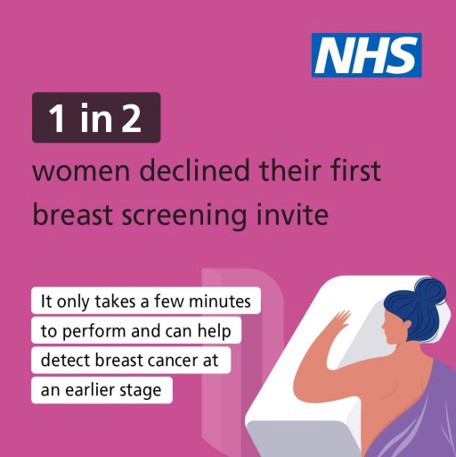 1 in 2 women declined their first breast screening invite.  It only takes a few minutes to perform and can help detect breast cancer at an earlier stage